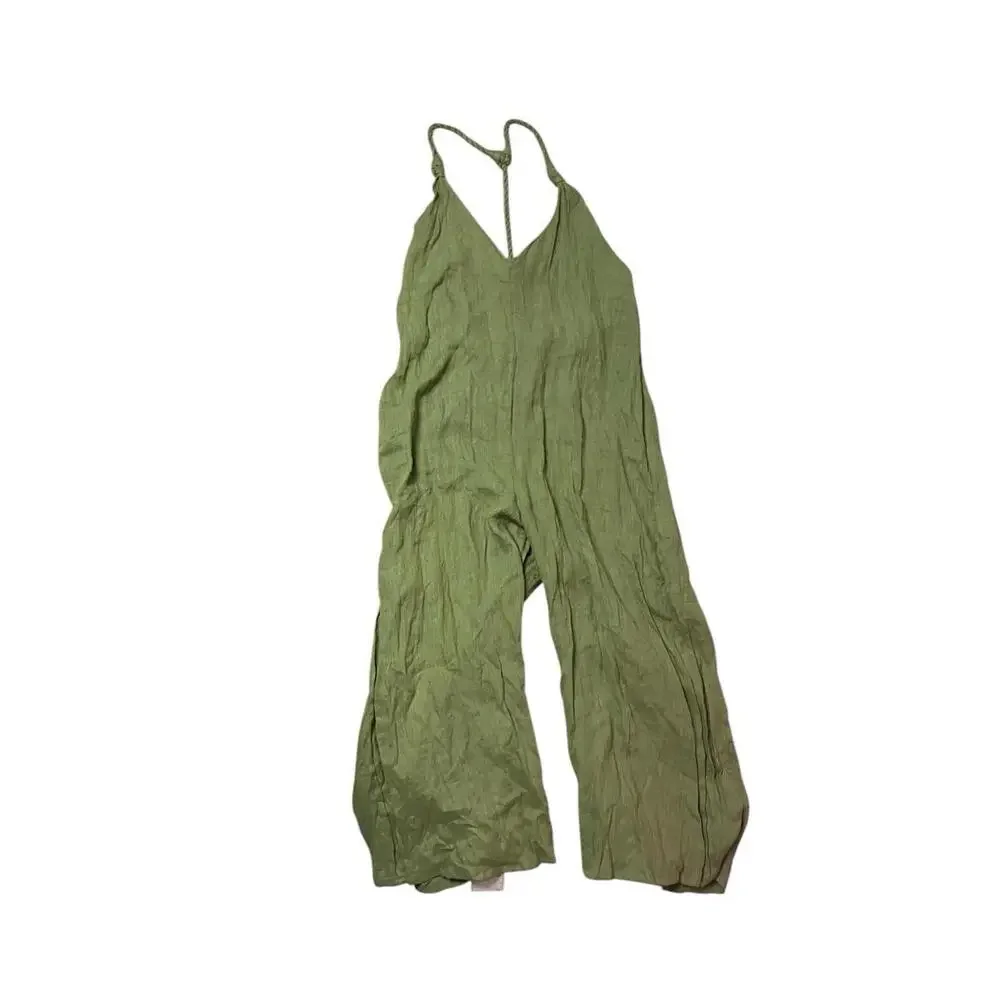 Zara Jumpsuit L Green Linen Palazzo Wide Leg Boho Cropped‎ Lagenlook